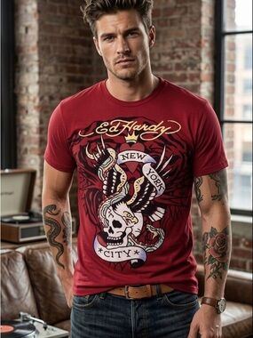 ED HARDY New York City skulls shirt, adult extra large red